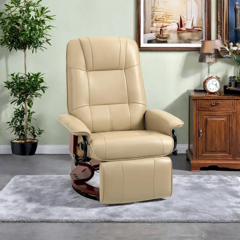 Fauteuil inclinable pivotant manuel en similicuir avec repose-pieds, accoudoirs et base en bois enveloppée