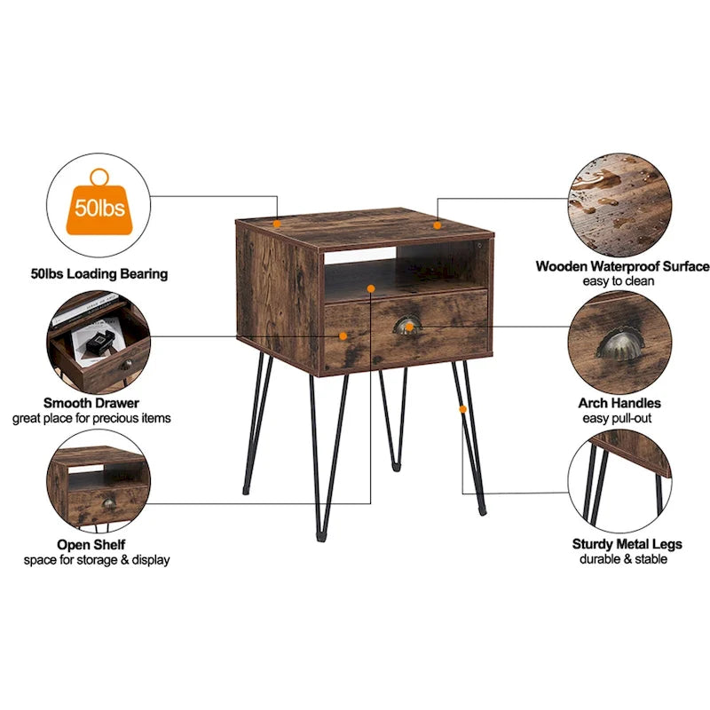 Tables de chevet modernes avec tiroir et pieds épingles, marron/bleu/noir/jaune, quatre options