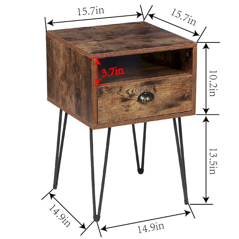 Tables de chevet modernes avec tiroir et pieds épingles, marron/bleu/noir/jaune, quatre options