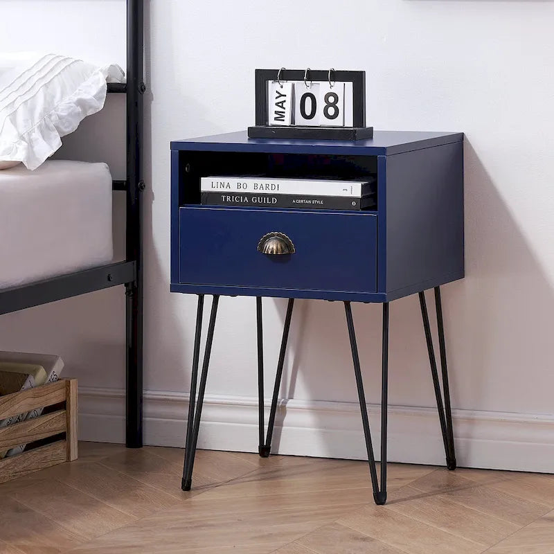 Tables de chevet modernes avec tiroir et pieds épingles, marron/bleu/noir/jaune, quatre options