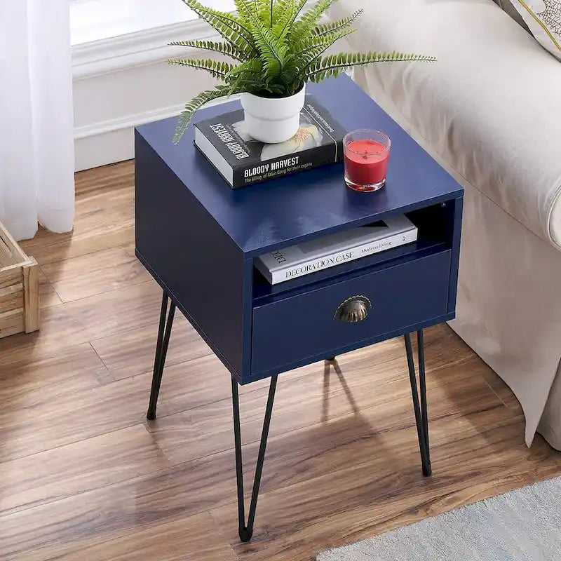 Tables de chevet modernes avec tiroir et pieds épingles, marron/bleu/noir/jaune, quatre options