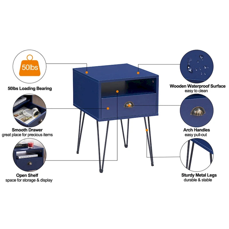 Tables de chevet modernes avec tiroir et pieds épingles, marron/bleu/noir/jaune, quatre options