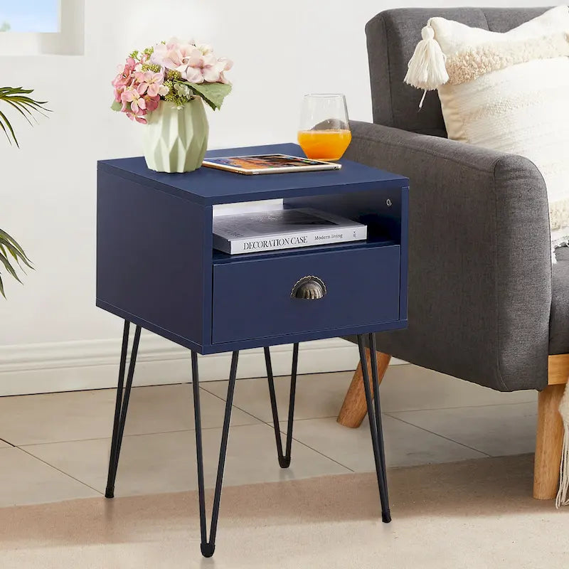 Tables de chevet modernes avec tiroir et pieds épingles, marron/bleu/noir/jaune, quatre options