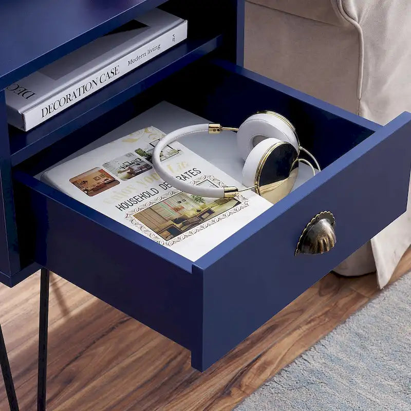 Tables de chevet modernes avec tiroir et pieds épingles, marron/bleu/noir/jaune, quatre options