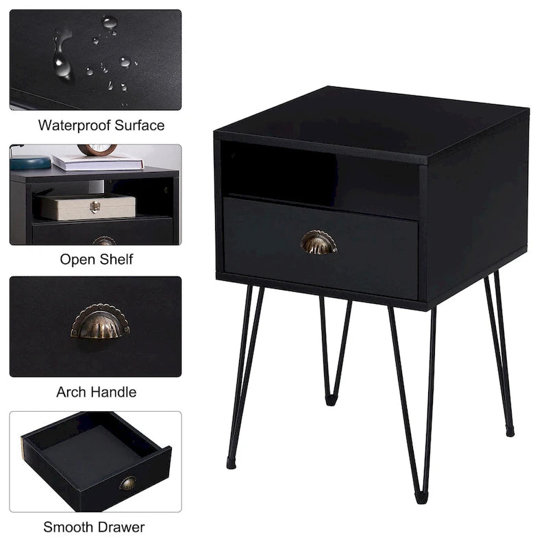 Tables de chevet modernes avec tiroir et pieds épingles, marron/bleu/noir/jaune, quatre options