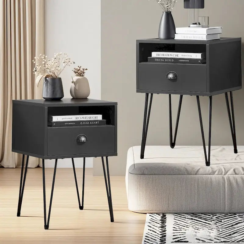Tables de chevet modernes avec tiroir et pieds épingles, marron/bleu/noir/jaune, quatre options