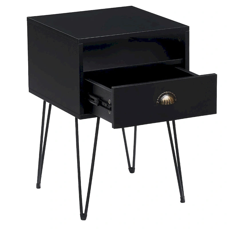 Tables de chevet modernes avec tiroir et pieds épingles, marron/bleu/noir/jaune, quatre options