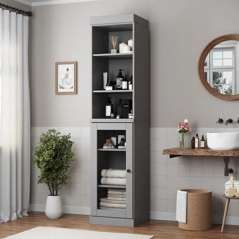 Meuble de rangement de salle de bain en bois massif 100 % de 16,5 po avec portes en verre transparent et étagères réglables