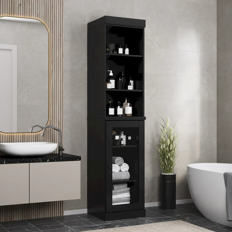 Meuble de rangement de salle de bain en bois massif 100 % de 16,5 po avec portes en verre transparent et étagères réglables