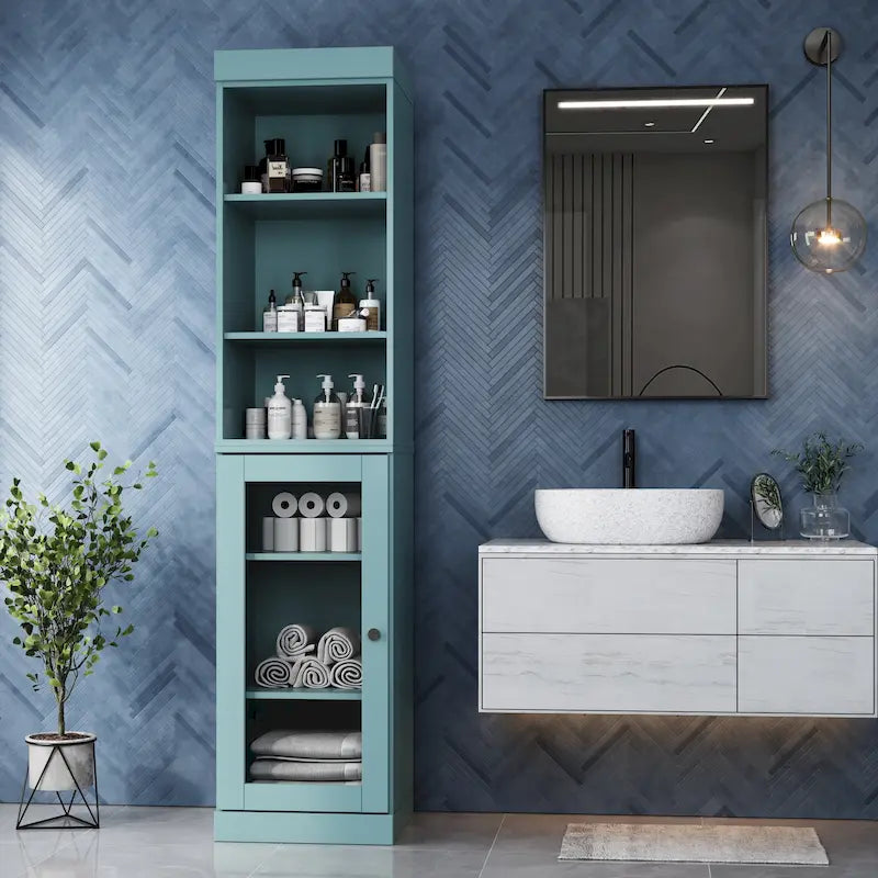 Meuble de rangement de salle de bain en bois massif 100 % de 16,5 po avec portes en verre transparent et étagères réglables