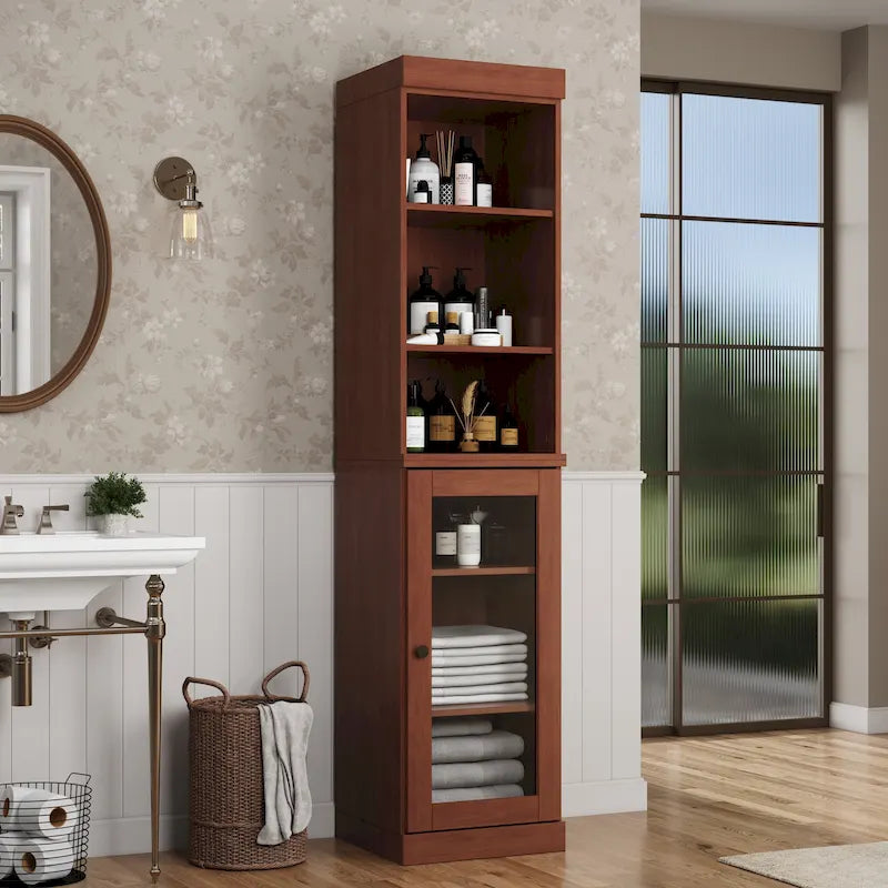 Meuble de rangement de salle de bain en bois massif 100 % de 16,5 po avec portes en verre transparent et étagères réglables