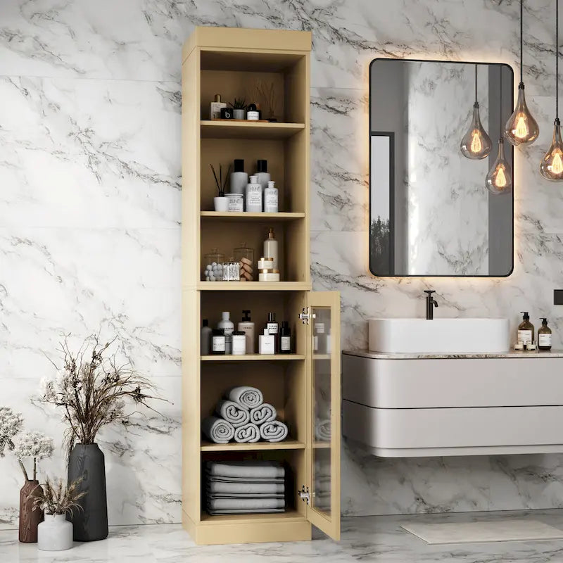 Meuble de rangement de salle de bain en bois massif 100 % de 16,5 po avec portes en verre transparent et étagères réglables