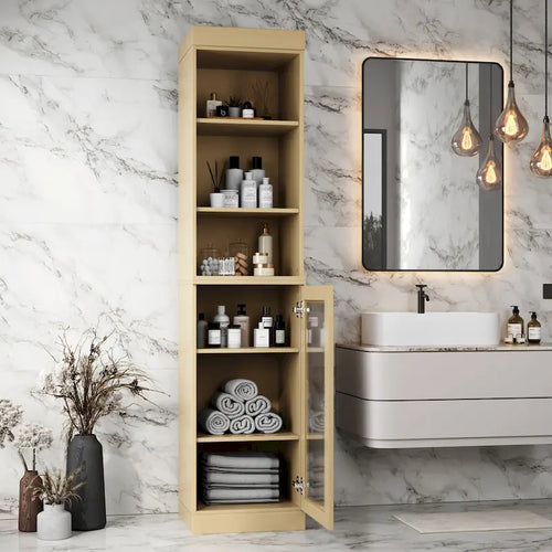 Meuble de rangement de salle de bain en bois massif 100 % de 16,5 po avec portes en verre transparent et étagères réglables
