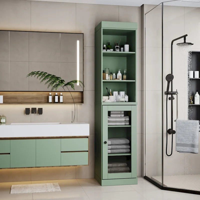 Meuble de rangement de salle de bain en bois massif 100 % de 16,5 po avec portes en verre transparent et étagères réglables