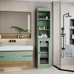 Meuble de rangement de salle de bain en bois massif 100 % de 16,5 po avec portes en verre transparent et étagères réglables