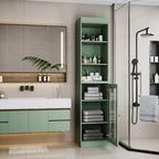 Meuble de rangement de salle de bain en bois massif 100 % de 16,5 po avec portes en verre transparent et étagères réglables