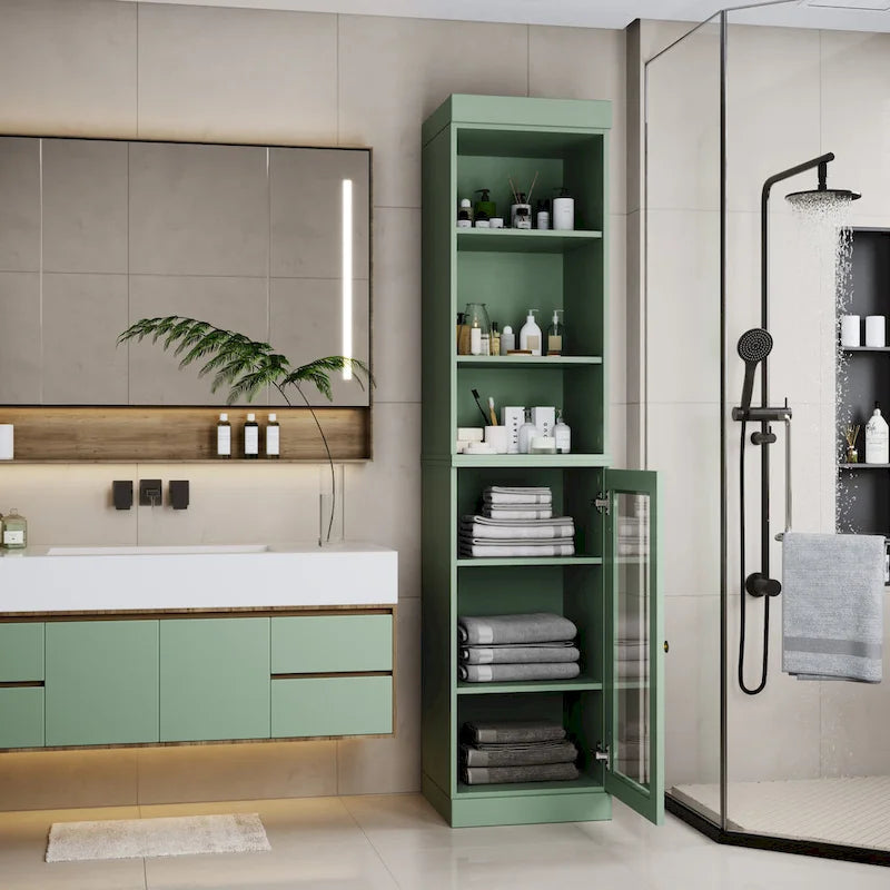 Meuble de rangement de salle de bain en bois massif 100 % de 16,5 po avec portes en verre transparent et étagères réglables