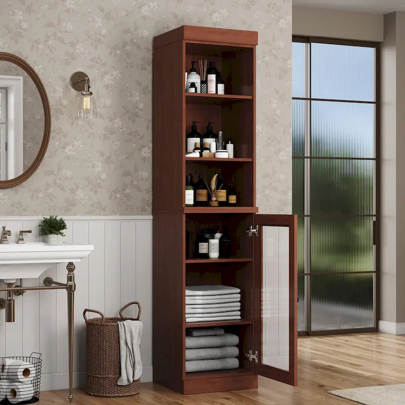 Meuble de rangement de salle de bain en bois massif 100 % de 16,5 po avec portes en verre transparent et étagères réglables