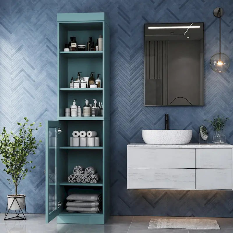 Meuble de rangement de salle de bain en bois massif 100 % de 16,5 po avec portes en verre transparent et étagères réglables