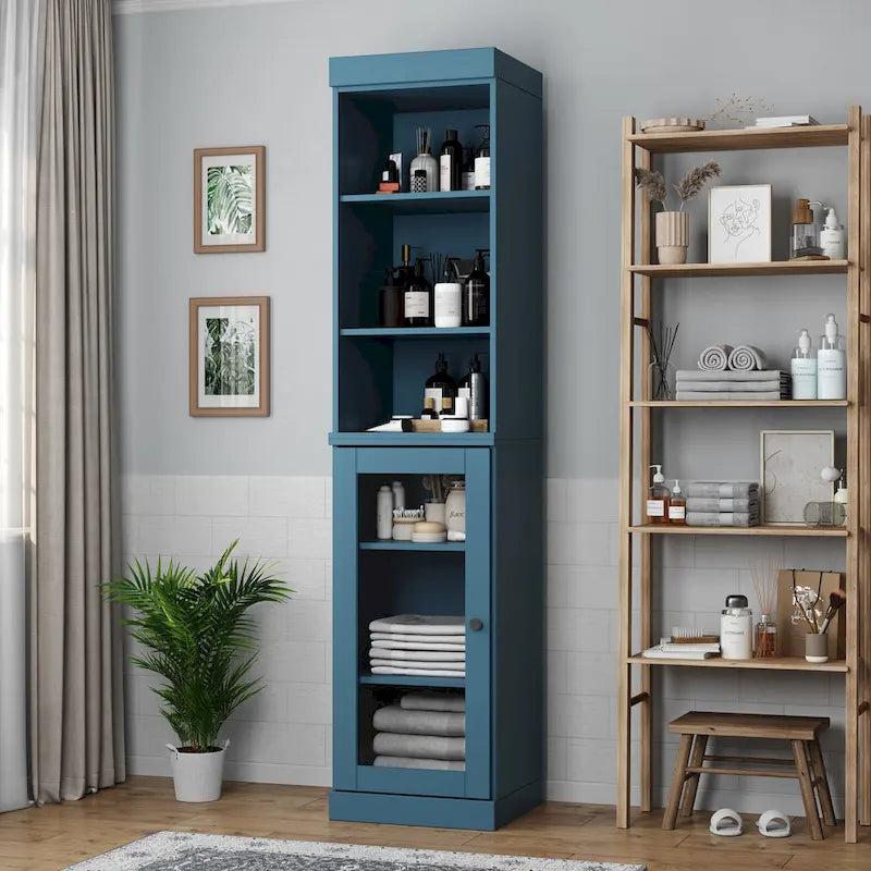 Meuble de rangement de salle de bain en bois massif 100 % de 16,5 po avec portes en verre transparent et étagères réglables