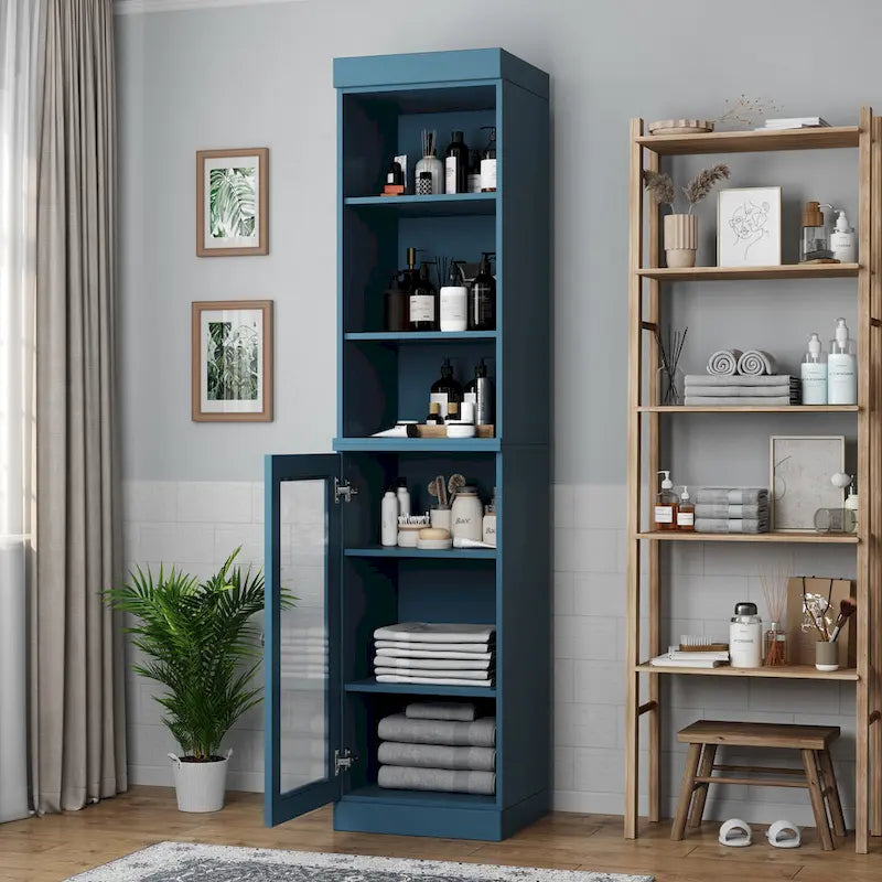Meuble de rangement de salle de bain en bois massif 100 % de 16,5 po avec portes en verre transparent et étagères réglables
