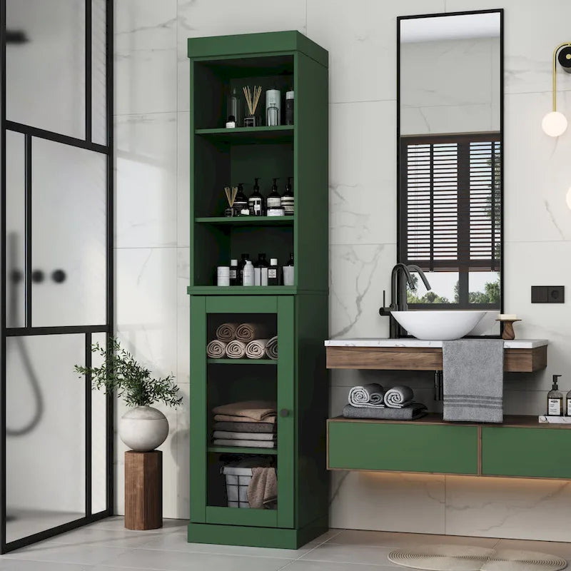 Meuble de rangement de salle de bain en bois massif 100 % de 16,5 po avec portes en verre transparent et étagères réglables