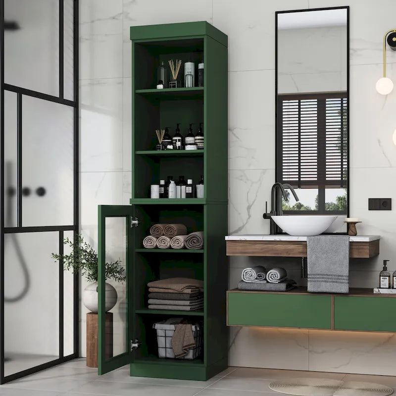 Meuble de rangement de salle de bain en bois massif 100 % de 16,5 po avec portes en verre transparent et étagères réglables