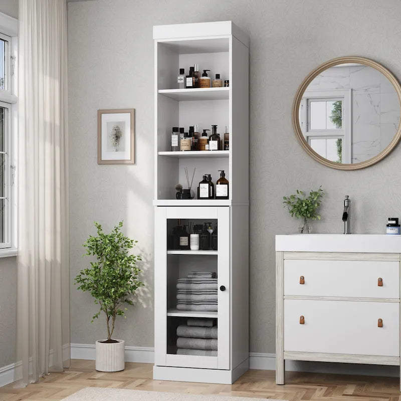 Meuble de rangement de salle de bain en bois massif 100 % de 16,5 po avec portes en verre transparent et étagères réglables