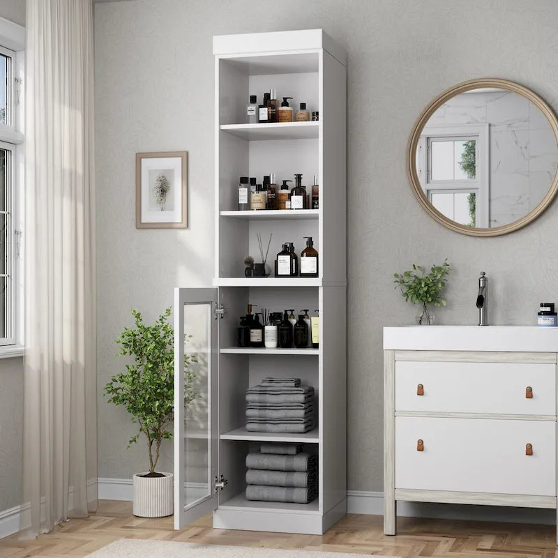 Meuble de rangement de salle de bain en bois massif 100 % de 16,5 po avec portes en verre transparent et étagères réglables