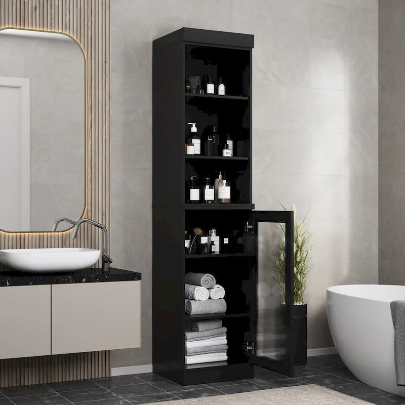 Meuble de rangement de salle de bain en bois massif 100 % de 16,5 po avec portes en verre transparent et étagères réglables