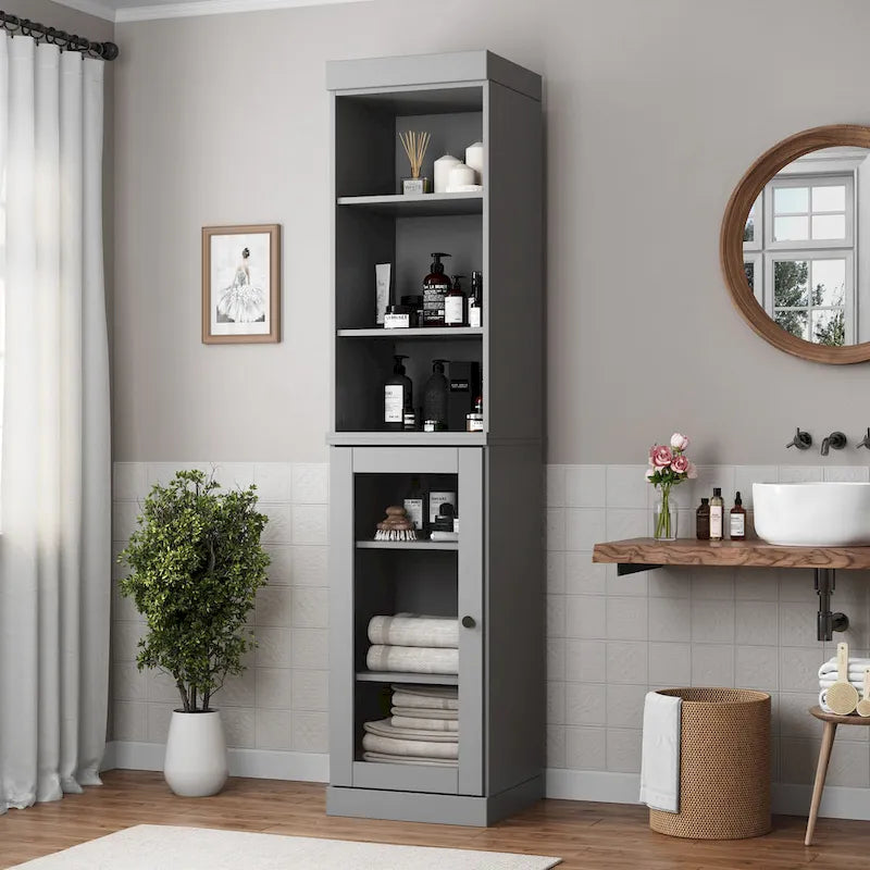 Meuble de rangement de salle de bain en bois massif 100 % de 16,5 po avec portes en verre transparent et étagères réglables