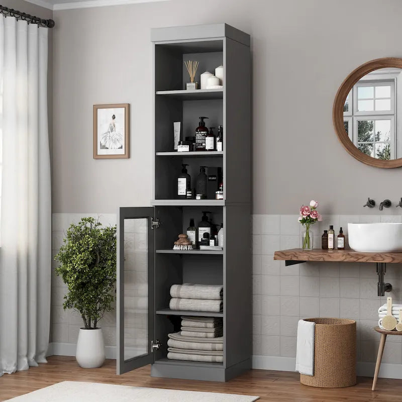 Meuble de rangement de salle de bain en bois massif 100 % de 16,5 po avec portes en verre transparent et étagères réglables
