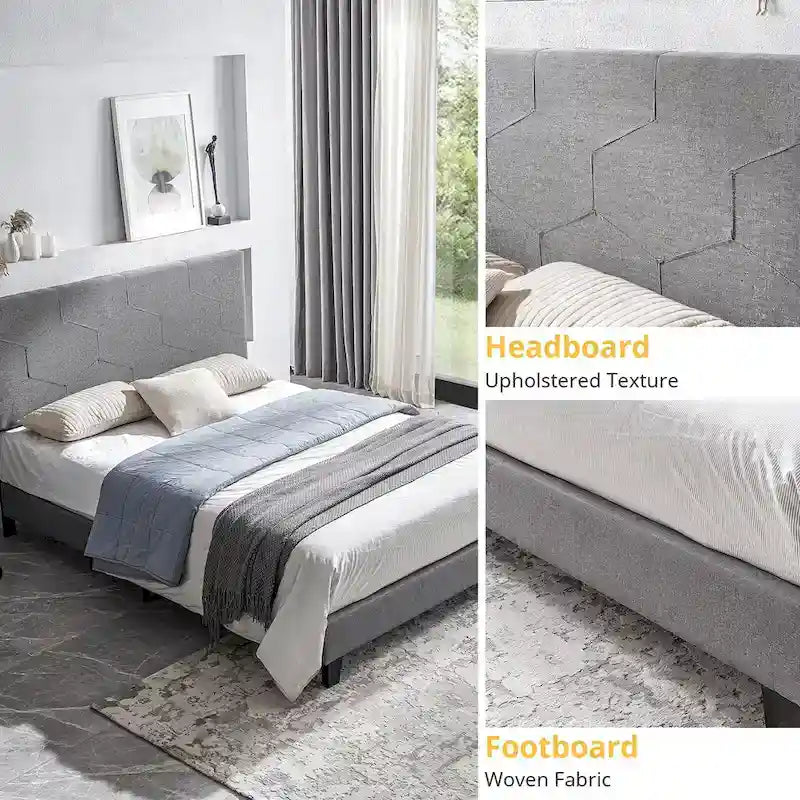 Lit plateforme tapissé Queen Size avec support à lattes en bois pour chambre à coucher