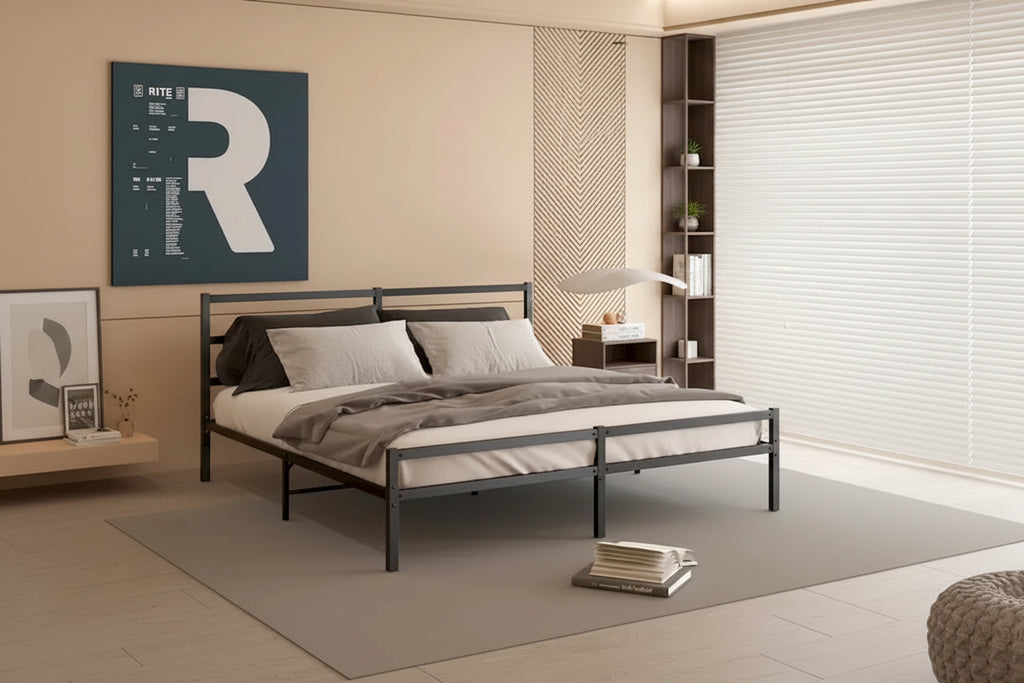 Cadre de lit plateforme King en métal noir avec tête de lit - Conception pliable améliorée