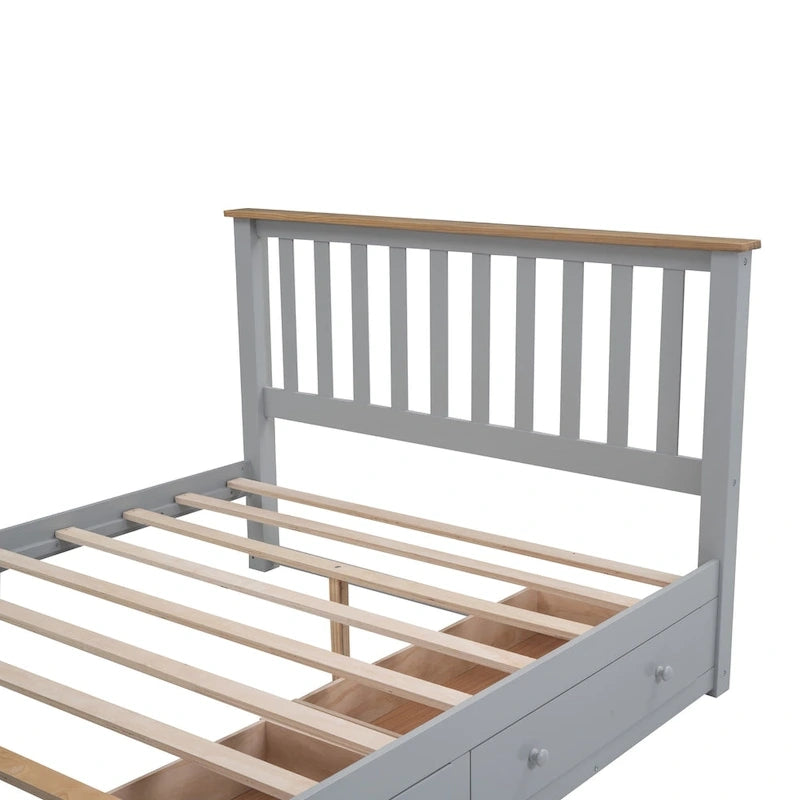 Lit plateforme Queen en bois avec tiroirs, tête de lit et pied de lit