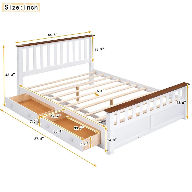 Lit plateforme Queen en bois avec tiroirs, tête de lit et pied de lit
