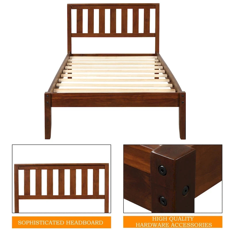 Lit plateforme en bois avec tête de lit/support à lattes en bois. Jumeau (Noyer)