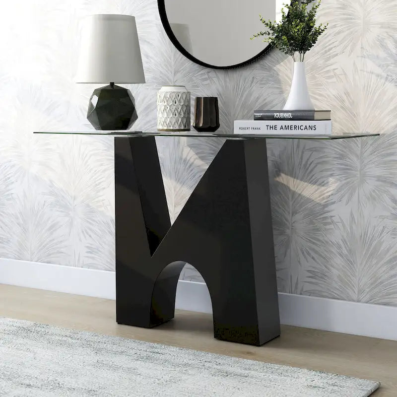 Console de table moderne noire Noele avec dessus en verre de 48 pouces