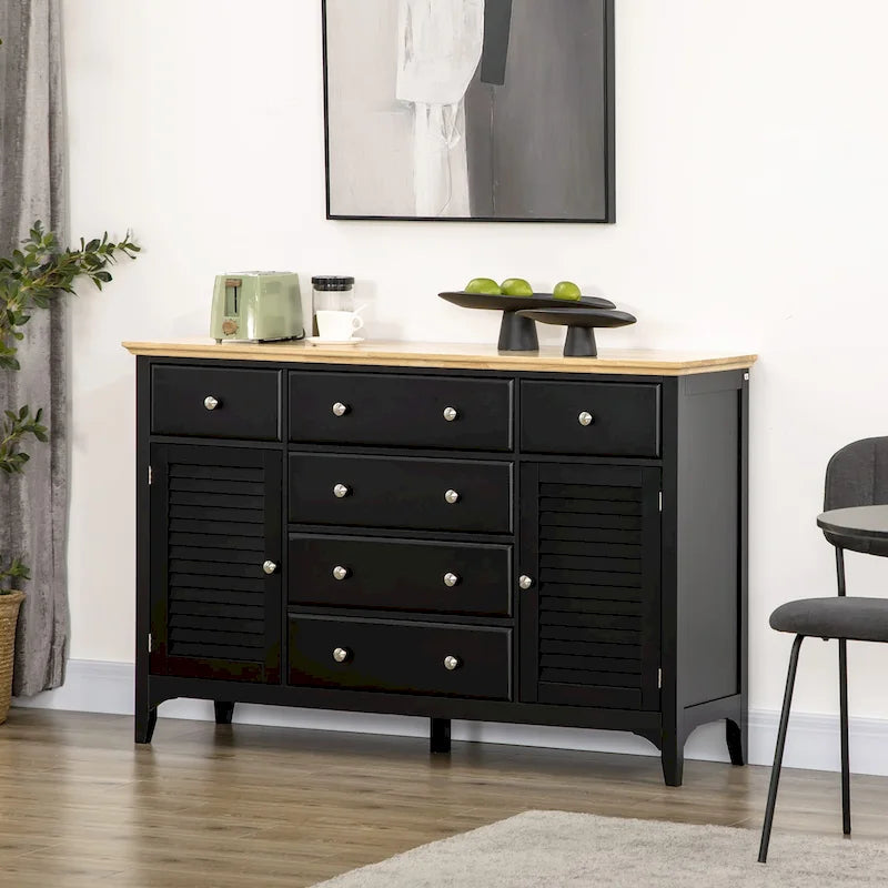Buffet moderne avec tiroirs, meuble de rangement avec placards, plateau en bois d'hévéa et étagères réglables, blanc