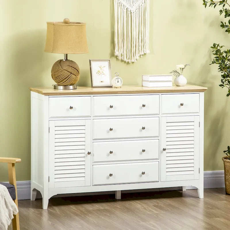 Buffet moderne avec tiroirs, meuble de rangement avec placards, plateau en bois d'hévéa et étagères réglables, blanc