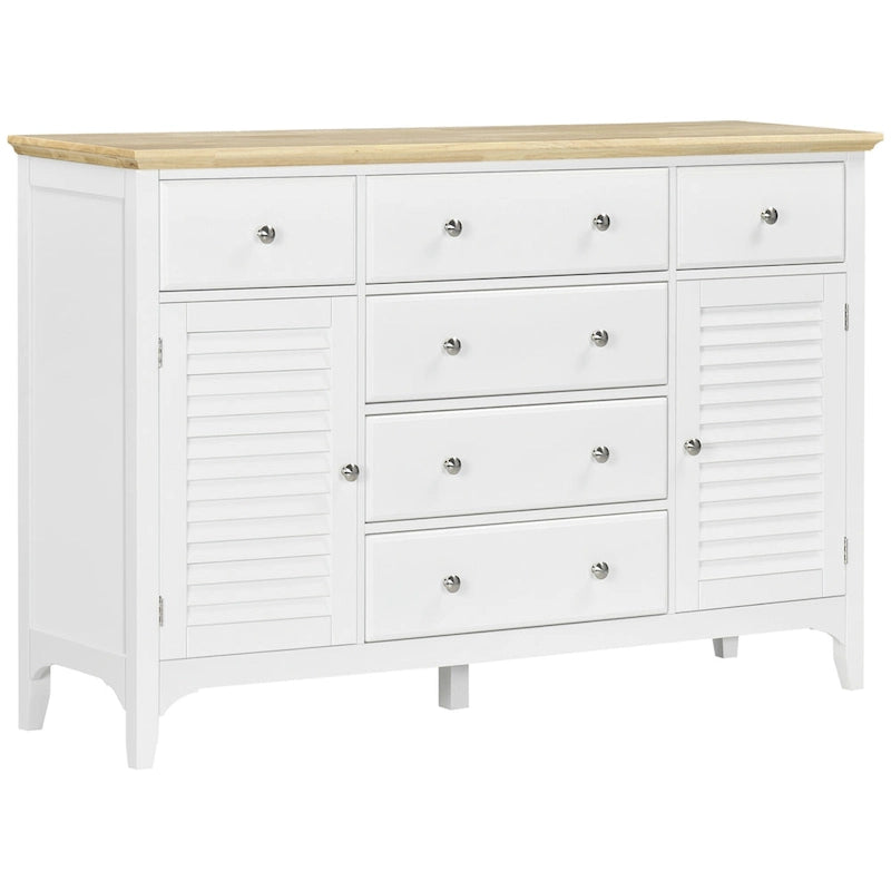 Buffet moderne avec tiroirs, meuble de rangement avec placards, plateau en bois d'hévéa et étagères réglables, blanc