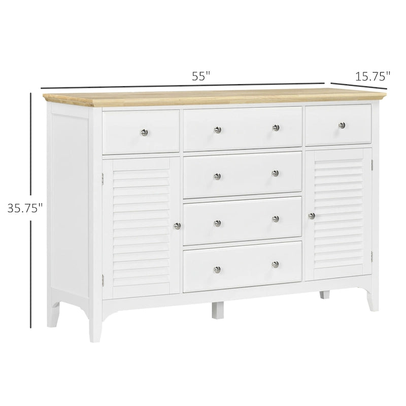 Buffet moderne avec tiroirs, meuble de rangement avec placards, plateau en bois d'hévéa et étagères réglables, blanc