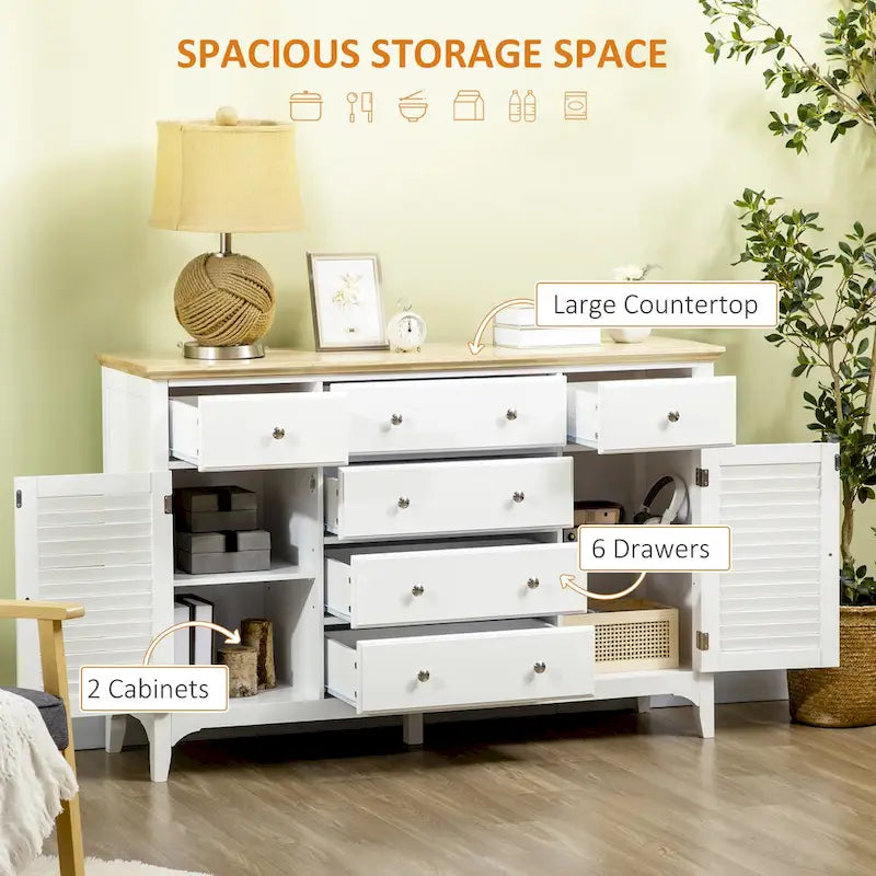 Buffet moderne avec tiroirs, meuble de rangement avec placards, plateau en bois d'hévéa et étagères réglables, blanc