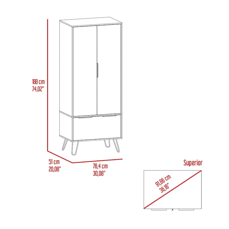 Armoire Augusta avec tringle de suspension, tiroir, pieds épingle à cheveux et placard à double porte - N/D