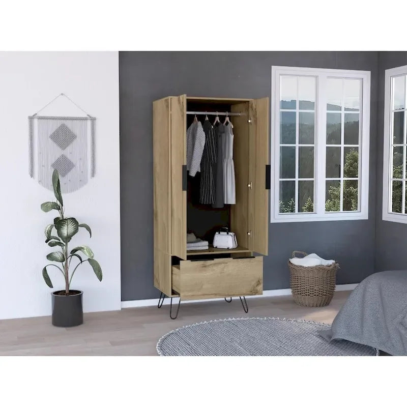 Armoire Augusta avec tringle de suspension, tiroir, pieds épingle à cheveux et placard à double porte - N/D