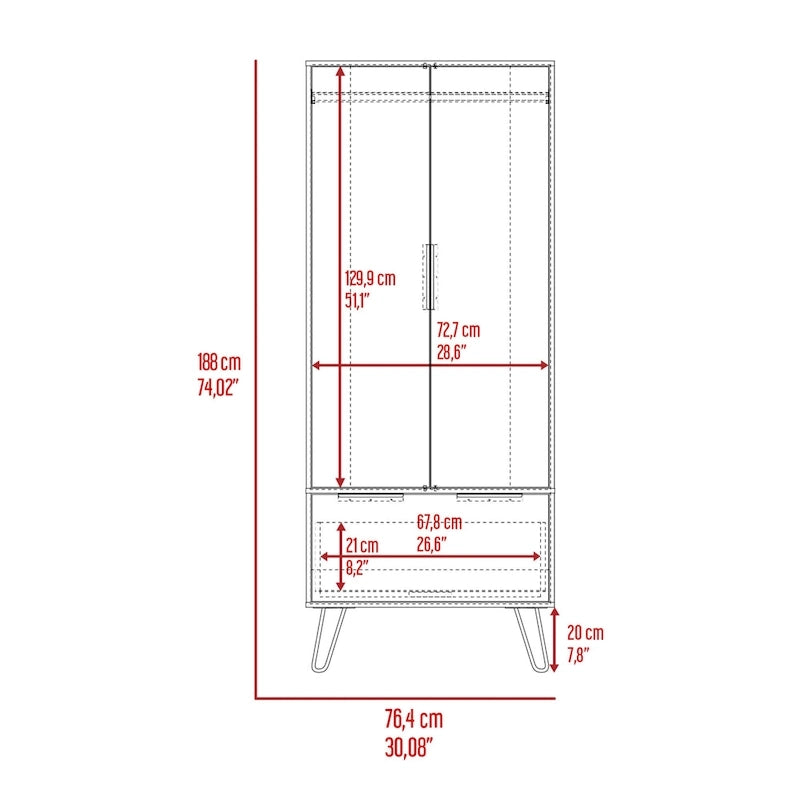 Armoire Augusta avec tringle de suspension, tiroir, pieds épingle à cheveux et placard à double porte - N/D