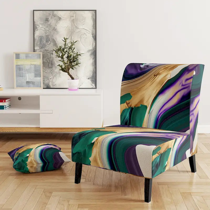Fauteuil d'appoint moderne et contemporain et fauteuil moderne rembourrés aux motifs audacieux violet, vert et or