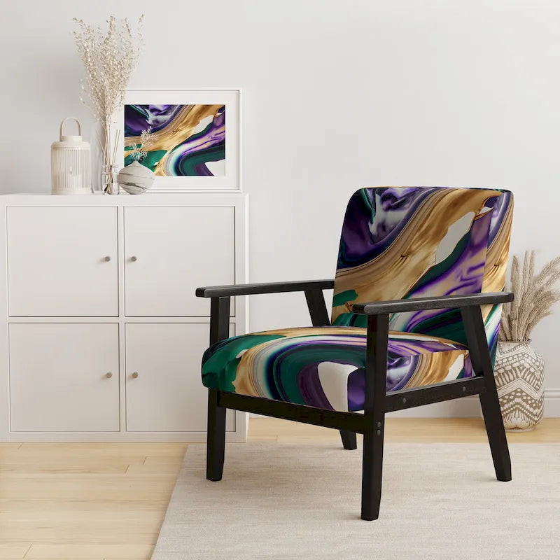 Fauteuil d'appoint moderne et contemporain et fauteuil moderne rembourrés aux motifs audacieux violet, vert et or