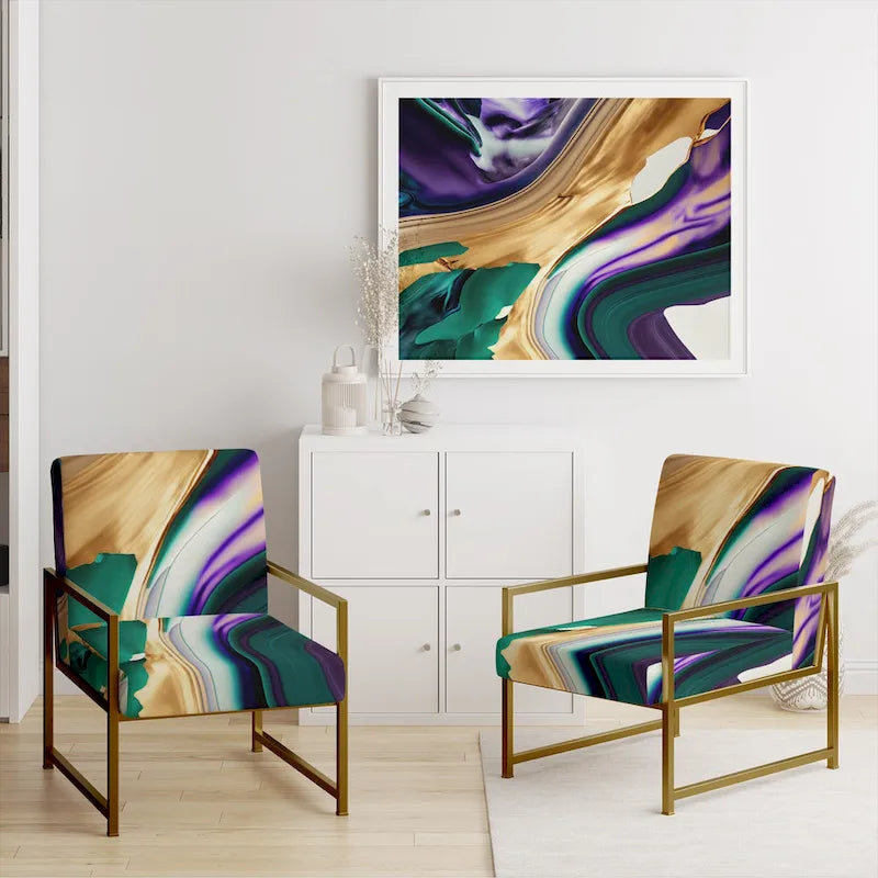 Fauteuil d'appoint moderne et contemporain et fauteuil moderne rembourrés aux motifs audacieux violet, vert et or