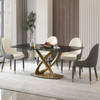 Table de salle à manger de 180 cm, Table de salle à manger moderne pour 8 personnes, en pierre frittée blanc antique avec pied piédestal en acier inoxydable doré